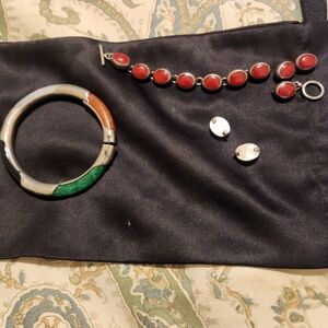 Jade/Onyx Sterling Silver Hinged Bangle & Taxco Red Bracelet (For Repair/scrap)